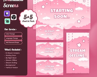 Pink Pastel Cloud Animated Stream Screens for Twitch YouTube Kick – Kawaii Stars, Cute Starting, BRB Ending Offline, Soft Sparkle Aesthetic