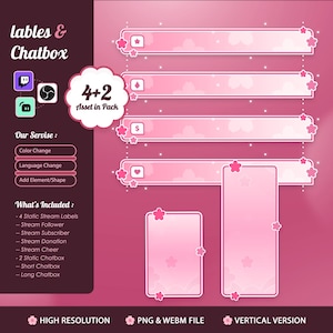 May include: Pink and white stream overlay graphics with cherry blossom accents. Includes static stream labels, chat boxes, and options for color and language changes. The image also includes the text "4+2 Asset in Pack".