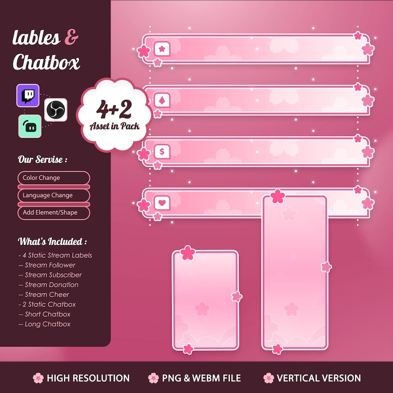 May include: Pink and white stream overlay graphics with cherry blossom accents. Includes static stream labels, chat boxes, and options for color and language changes. The image also includes the text "4+2 Asset in Pack".