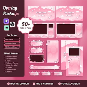 Pink Cloud Animated Stream Overlay – Kawaii Pastel Design (Digital Download) for Twitch YouTube Kick – Stars Cute Cartoon Sparkle Aesthetic