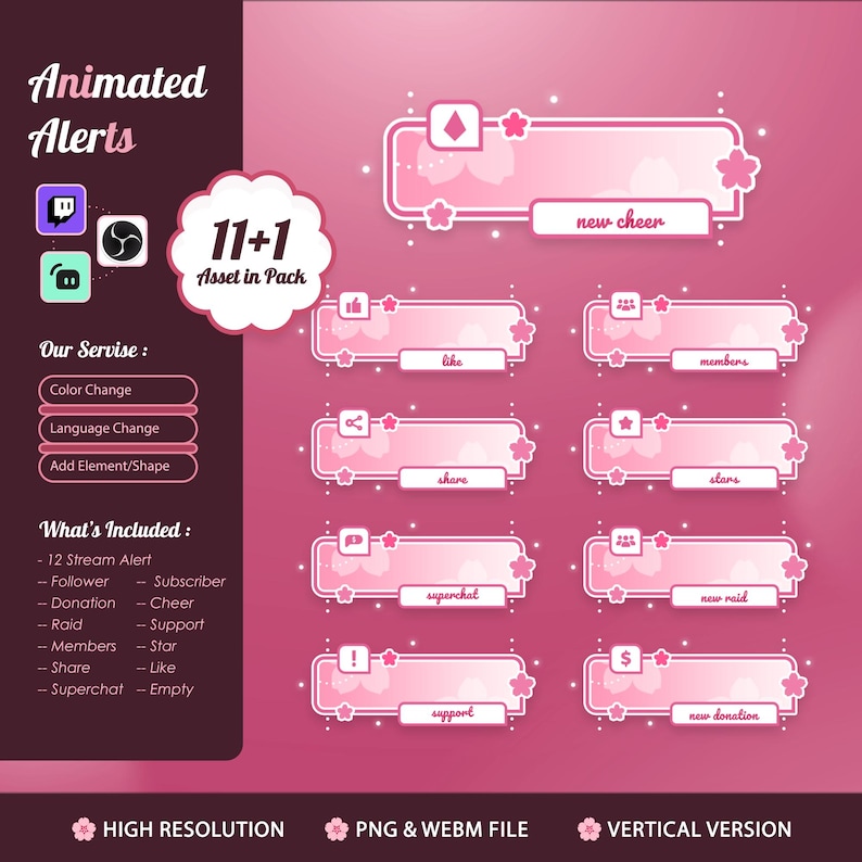 May include: Pink animated alerts for streaming, featuring floral designs and text labels like "new cheer," "like," and "share." Includes options for color and language changes. The pack contains 12 stream alerts.