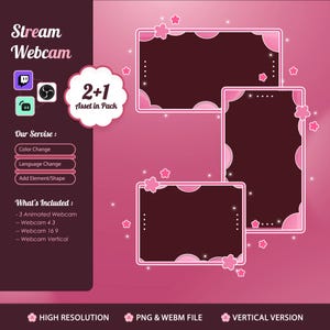 May include: Pink and brown digital asset pack for streaming, featuring three animated webcam frames with floral accents. Includes options for color and language changes, and adding elements. High resolution PNG and WEBM files.