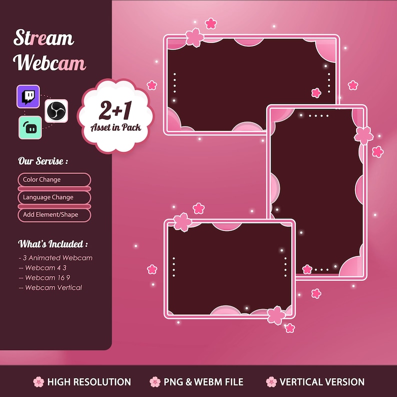 May include: Pink and brown digital asset pack for streaming, featuring three animated webcam frames with floral accents. Includes options for color and language changes, and adding elements. High resolution PNG and WEBM files.