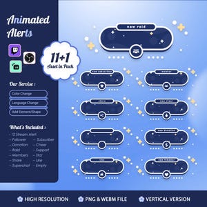 May include: A digital graphic featuring animated alerts for streaming platforms. The design includes dark blue rounded rectangles with white borders and icons, such as a star, dollar sign, and heart. Text includes "Animated Alerts" and "11+1 Asset in Pack."