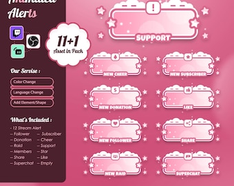 Pink Pastel Cloud Animierte Stream richtet sich nach Twitch YouTube Kick - Kawaii Sterne, niedliche Pop-Up Benachrichtigung, verträumte Himmel, weiches Funkeln der Ästhetik