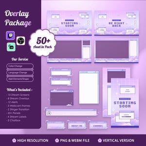 May include: A digital streaming overlay package featuring a purple and white aesthetic with cloud motifs, grid patterns, and computer window elements. The set includes stream screens, webcam frames, chat boxes, and labels with text like Starting Soon.