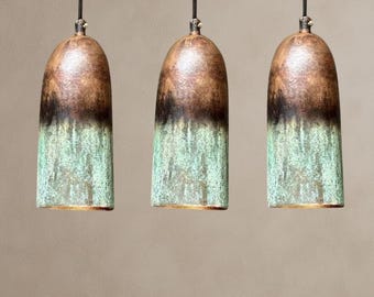 Set of 3 Oxidized Copper Pendant Lights, Green Patina Farmhouse Lighting