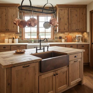 Peut inclure: Cuisine rustique avec des armoires en bois et un grand îlot central. Des casseroles en cuivre sont suspendues au-dessus de l'îlot, qui comprend un évier en cuivre et un plan de travail en bois. La cuisine a une fenêtre et une palette de couleurs neutres.
