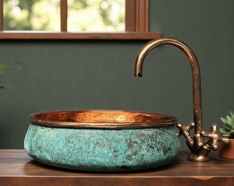 Oxidized Copper Sink Bathoom ,Green Patina Copper Washbasin, Hammered Copper Sink, Bathroom Green copper sink, Olive Green Sink