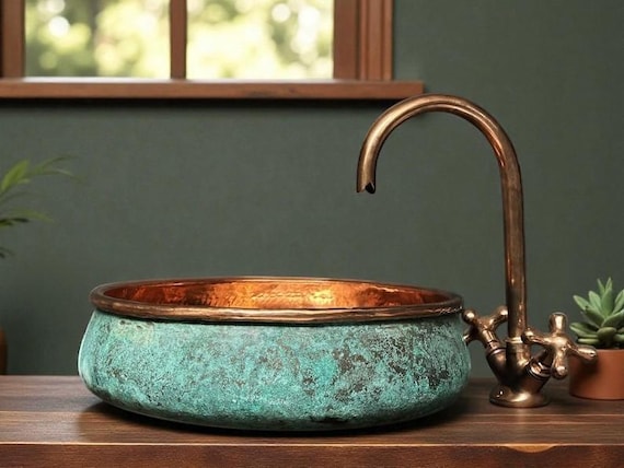 Oxidized Copper Sink Bathoom ,Green Patina Copper Washbasin, Hammered Copper Sink, Bathroom Green copper sink, Olive Green Sink