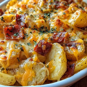 Puede incluir: Primer plano de un plato de patatas al horno con queso fundido, trozos de bacon y hierbas. Las patatas están cortadas en rodajas y dispuestas en un plato blanco, con una cobertura de queso dorada y burbujeante.