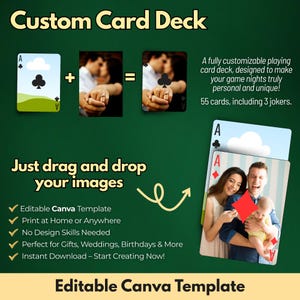 Pode incluir: Um baralho personalizável com 55 cartas, incluindo 3 coringas. O design mostra um ás de paus com um gráfico de paisagem e uma foto de um casal de mãos dadas. O texto inclui Custom Card Deck, Just drag and drop your images e Editable Canva Template.