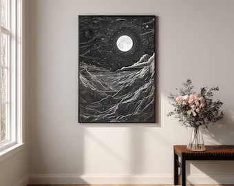 May include: Black and white framed art print depicting a celestial landscape. A bright full moon illuminates a mountainous terrain under a starry sky. The artwork is displayed on a white wall, with a wooden bench and flowers in the foreground.