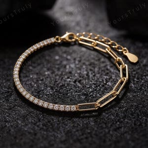 Dainty Moissanite Solid Gold Tennis Bracelet: Paperclip Chain, Bridal Jewelry