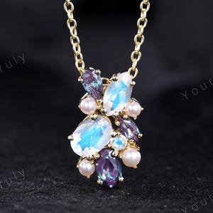 Moonstone Alexandrite Pearl Pendant Necklace: Solid Gold Cluster Jewelry