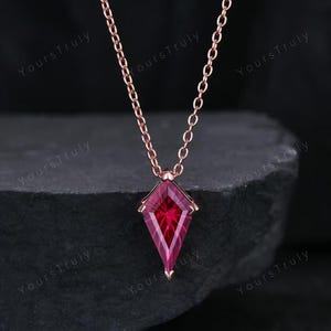 Kite Cut Fireworks Red Ruby Necklace: Rose Gold Solitaire Pendant, July Birthstone Gift