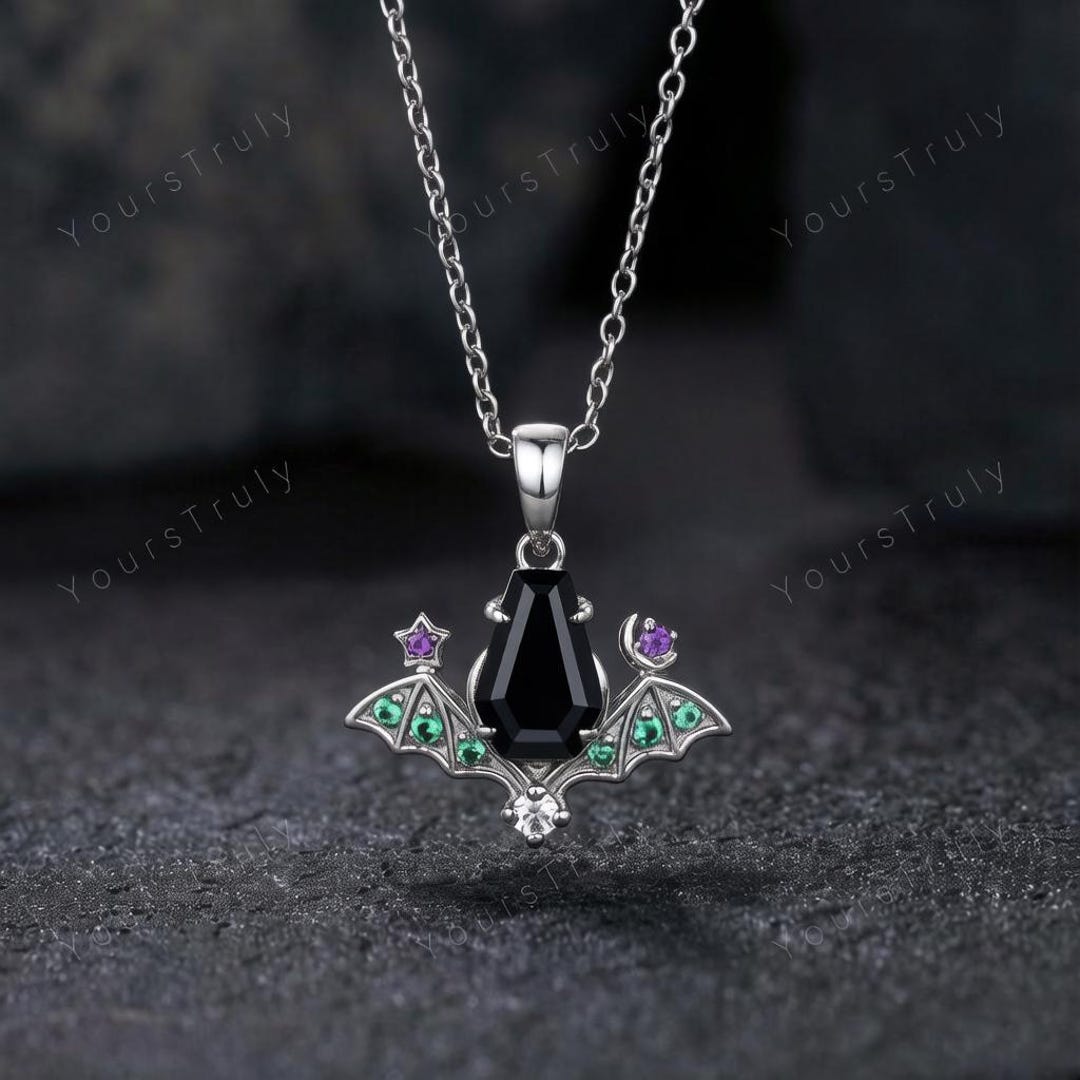 Gothic Black Onyx Coffin Necklace: Bat Wing Pendant With Purple & Green ...