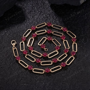 Dainty Gold Paperclip Chain: Stackable Red Ruby Station Link Necklace