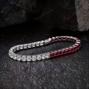 Pulsera de tenis de rubí y moissanita bicolor: cadena de gemas mitad rojas y mitad blancas, piedra natal de julio