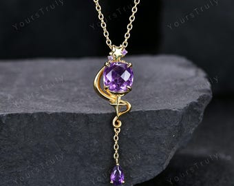 Amethyst Lariat Necklace, 14K Gold Star & Moon Y Necklace, Celestial Drop Pendant, February Birthstone