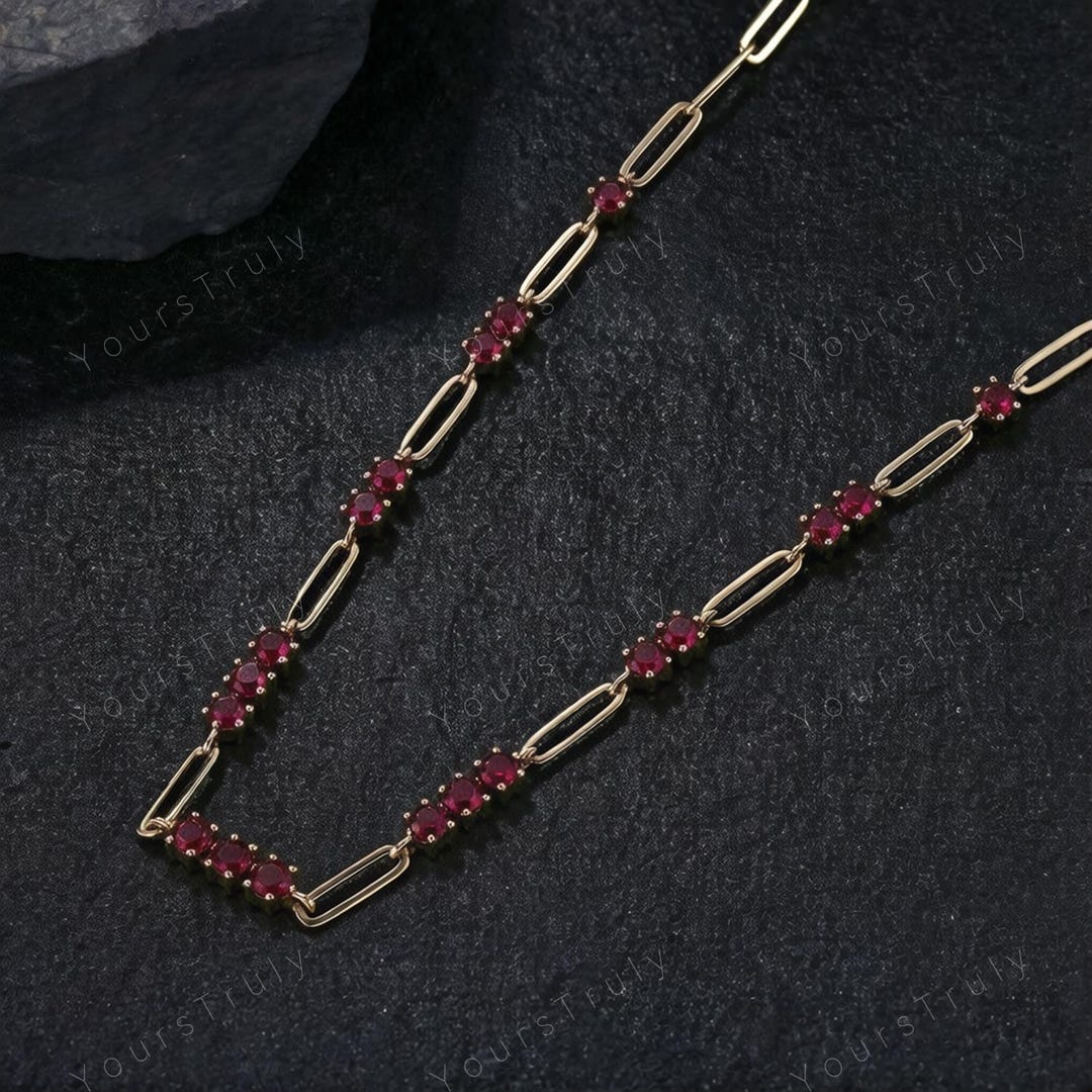 Red Ruby Station Necklace: 14K Gold Paperclip Chain - Etsy