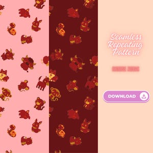 Può includere: Motivo ripetuto senza soluzione di continuità con illustrazioni di animali dello zodiaco cinese in rosso e oro su sfondi rosa e marrone. L'immagine include il testo "Seamless Repeating Pattern", "Chinese Zodiac" e un pulsante di download.