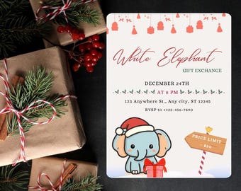May include: A holiday-themed invitation for a "White Elephant" gift exchange, featuring a cartoon elephant wearing a Santa hat and holding a gift. The invitation includes event details and a price limit.
