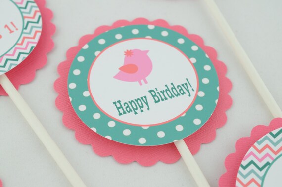 Bird Toppers, Cupcake Toppers, Bird Theme, 12 PCs, Red Coral, Pink and Teal, Baby shower Theme, Bird Shower, 12 Pieces Il_570xn