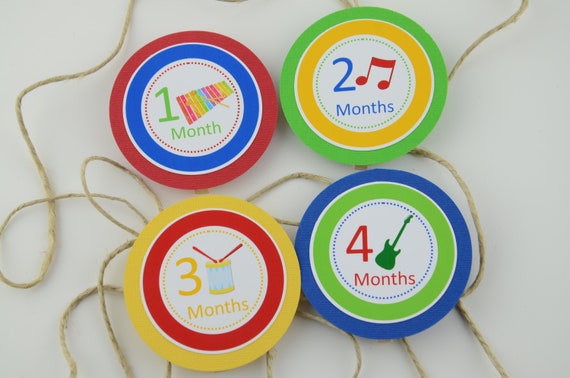 Music 12 Month Photo Banner, First Year Photo Banner, First Year Banner, Music Birthday Party, Yellow, Dark Blue, Red and Green, c-1342 Il_570xn