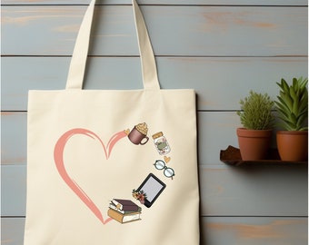 Cotton Canvas Tote Bag with Book Heart Design – Gift for Librarians