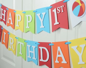 Colorful Beach Ball Birthday Banner – 1st Birthday Pennant Bunting for Summer Parties