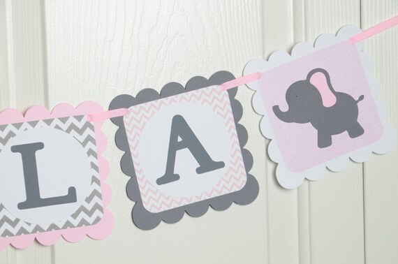 Elephant Name Banner, Birthday Party, Baby shower Banner, Pink Elephant , Welcome Baby Banner, Grey and Light Pink Banner, Girl Banner Il_570xn