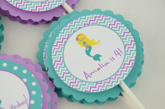 Mermaid Cupcake Toppers, Cupcake Toppers, Mermaid Theme, 12 PCs, White, Purple and Teal Cake Toppers, Blonde Mermaid Il_570xn