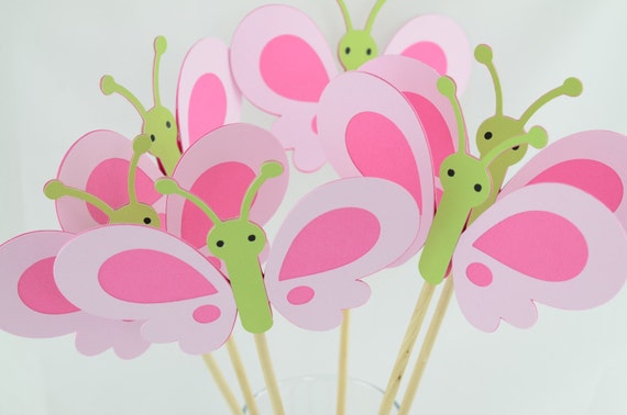Butterfly Party Centerpieces, Butterfly Theme, Butterfly Birthday, Butterfly Baby Shower Theme, Pink, Hot Pink and Green, Set of 4 Il_570xn