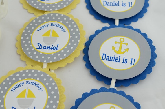 Sailboat and Anchor Toppers, Cupcake Toppers, Nautical Theme, 12 PCs, Red, Royal Blue, Yellow and Gray Toppers Il_570xn
