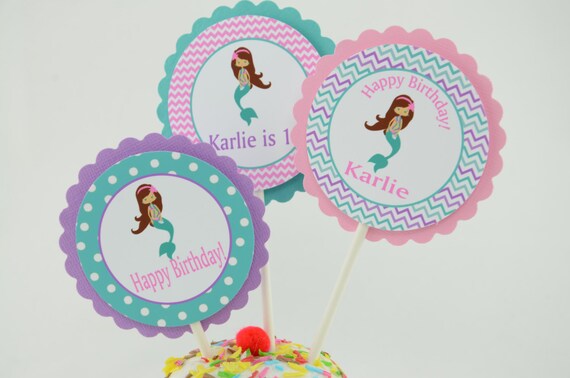 Mermaid Cupcake Toppers, Cupcake Toppers, Mermaid Theme, 12 PCs, White, Purple, Pink and Teal Toppers, Set of 12 Il_570xn