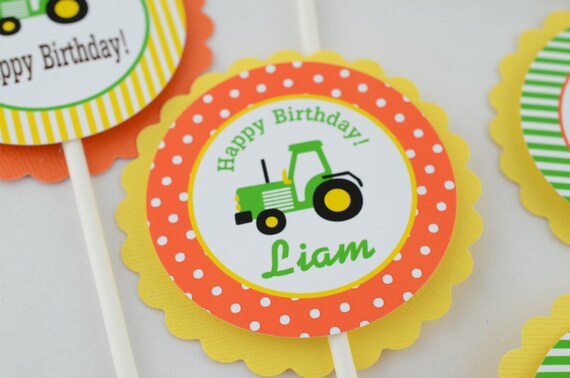 Tractor Toppers, Cupcake Toppers, Tractor Theme, 12 PCs, Orange, Lime Green, Yellow and Brown Toppers Il_570xn