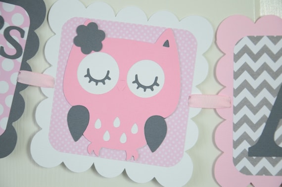 Owl It's a Girl Banner, Girl Banner, Pink Owl Banner, Owl Baby Shower, Owl Nursery, Owl Banner, Pink, Light Pink and Gray, Chevron Il_570xn