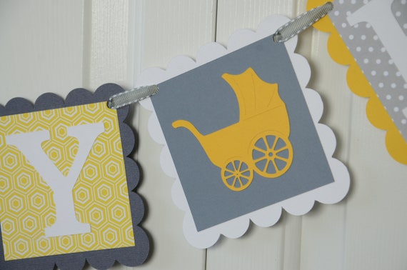 Carriage Baby Banner, Baby sign, Baby shower sign, White, Gray and Yellow Banner, Carriage Theme, Yellow and Gray baby shower Il_570xn