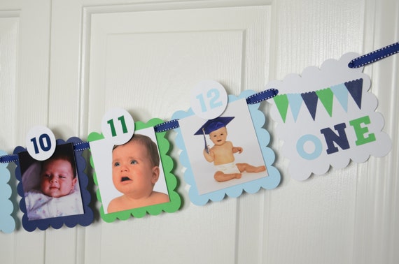 ONE 12 Month Photo Banner, First Year Photo Banner, First Year Banner, Navy Blue, Kelly Green and Light Blue, 5 x 5 Scallops, c-1285 Il_570xn