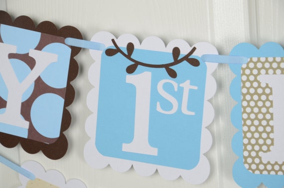 Monkey Happy 1st Birthday Banner, Birthday Party, Monkey Theme, Brown and Light BlueTheme Il_570xn
