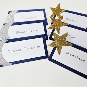 Baby Shower Decorations, Moon and Stars Tent Place Card, Food Labels, Buffet Food Label, Glittered Gold and silver, Navy Blue, Baby shower