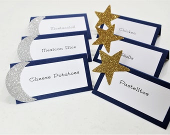 Baby Shower Decorations, Moon and Stars Tent Place Card, Food Labels, Buffet Food Label, Glittered Gold and silver, Navy Blue, Baby shower