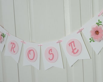 Rose Name Banner, Banner, Pale Pink and white Banner, Modern Birthday Party, BN-1005