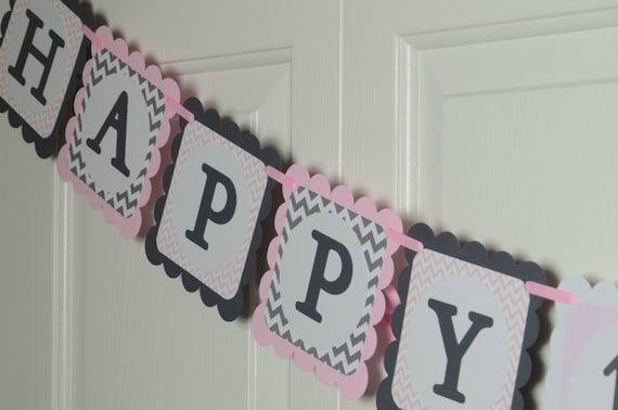 Chevron Happy 1st Birthday Banner, Birthday Party, Chevron Theme, Light Pink and Grey Theme Il_570xn