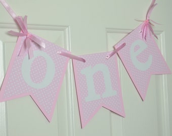 Pink White ONE High Chair Banner First Birthday Girl Party Decor