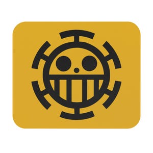 May include: A square, yellow mousepad featuring a black graphic of a stylized skull with a cross and a circle design. The graphic is centered on the mousepad.