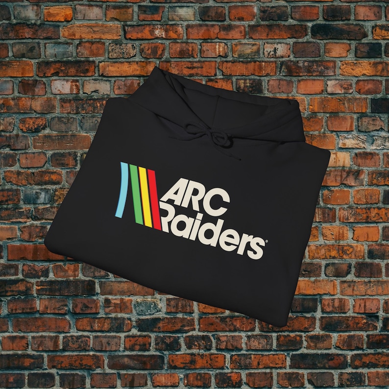 May include: Black hooded sweatshirt with the text "ARC Raiders" in white, and a colorful graphic of vertical stripes. The stripes are blue, green, yellow, and red. The sweatshirt is displayed against a brick wall.