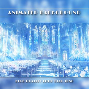 May include: An animated background featuring a grand cathedral interior in shades of blue and white. The scene includes rows of pews, tall stained glass windows, and floral arrangements. Text reads: ANIMATED BACKGROUND and HIGH QUALITY LOOP 1920x1080.