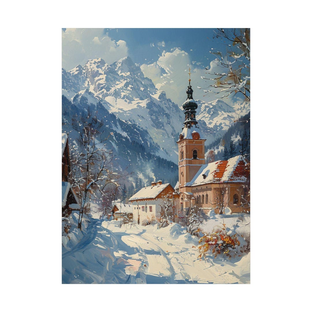 Snowy Alpine Village Poster | Winter Mountain Church Landscape - Etsy